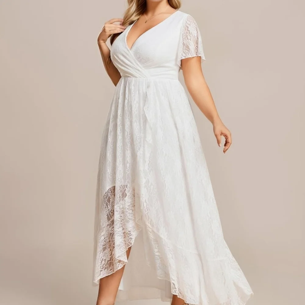 Ever-Pretty V-Neck Ruffles Sleeves High Low Lace Size 16 Wedding Dress - Picture 3 of 6